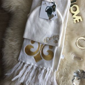 NWT Dereon Knit Beanie/Scarf/Glove set in Cream with gold embroidery logo